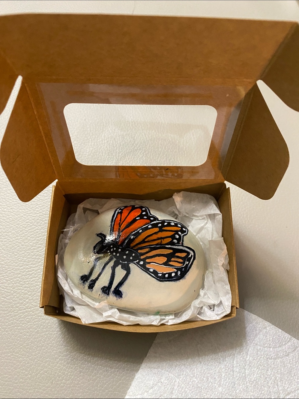 Rock Art Hand-Painted Orange Monarch Butterfly on Natural Stone